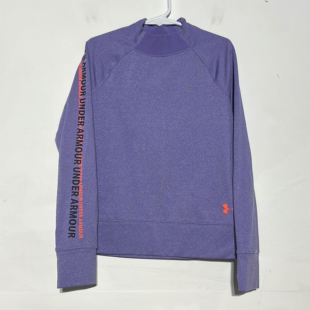 Under Armour Girl’s Coldgear Purple Mock Neck Ribbed Logo Pullover Sweater YSM